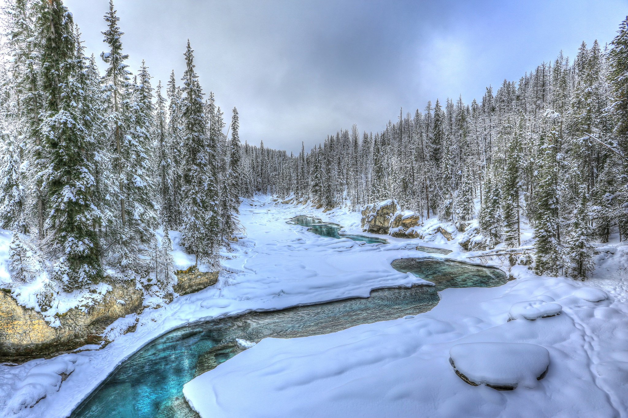 winter, Canada, Rivers, Forests, Snow, Alberta, Nature Wallpapers HD