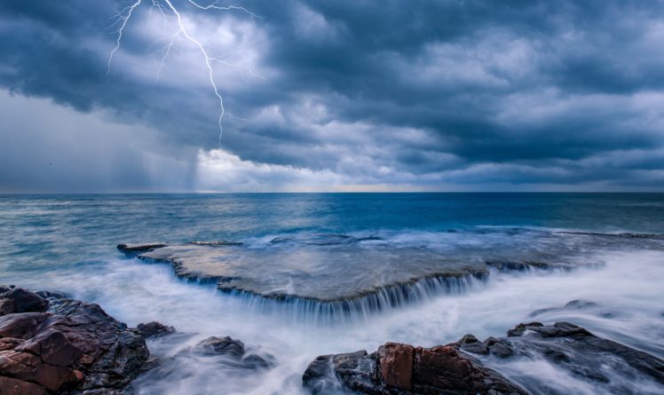 sea, Coast, Waterfalls, Horizon, Lightning, Nature HD Wallpaper Desktop Background