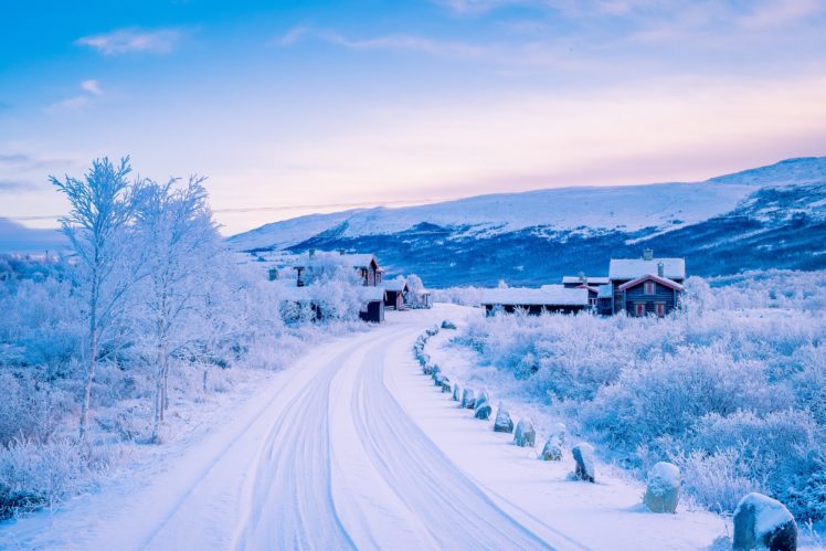 norway, Winter, Roads, Houses, Sky, Snow, Nature HD Wallpaper Desktop Background