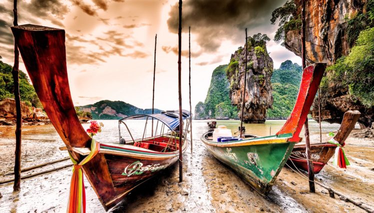 boats, Thailand, Coast, Crag, Ko, Tapu, Phang, Nga, Province, Nature HD Wallpaper Desktop Background