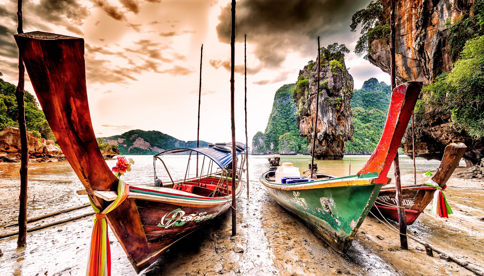 boats, Thailand, Coast, Crag, Ko, Tapu, Phang, Nga, Province, Nature Wallpaper