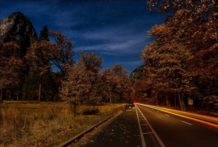 roads, Sky, Autumn, Night, Trees, Motion, Nature HD Wallpaper Desktop Background