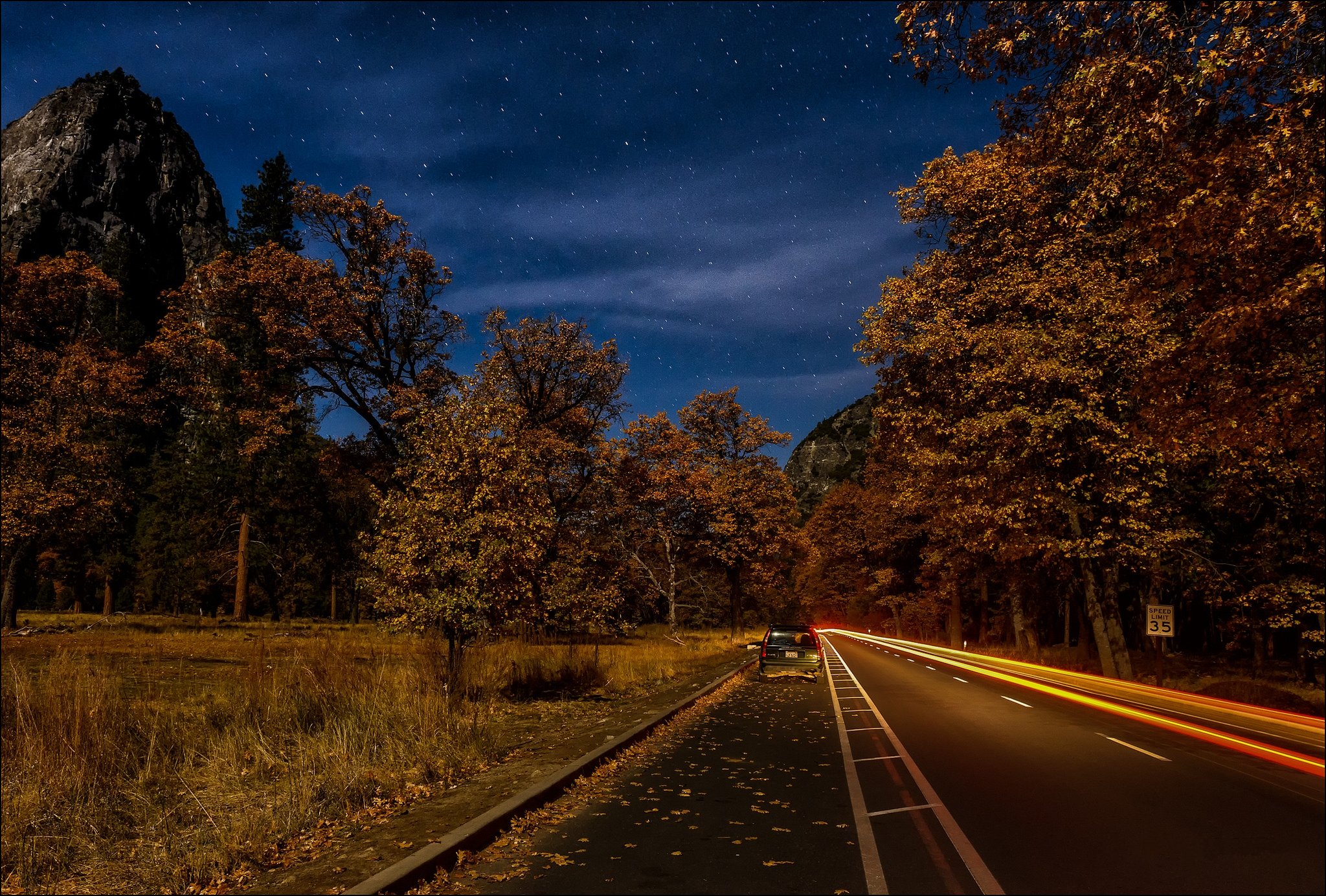 roads, Sky, Autumn, Night, Trees, Motion, Nature Wallpaper