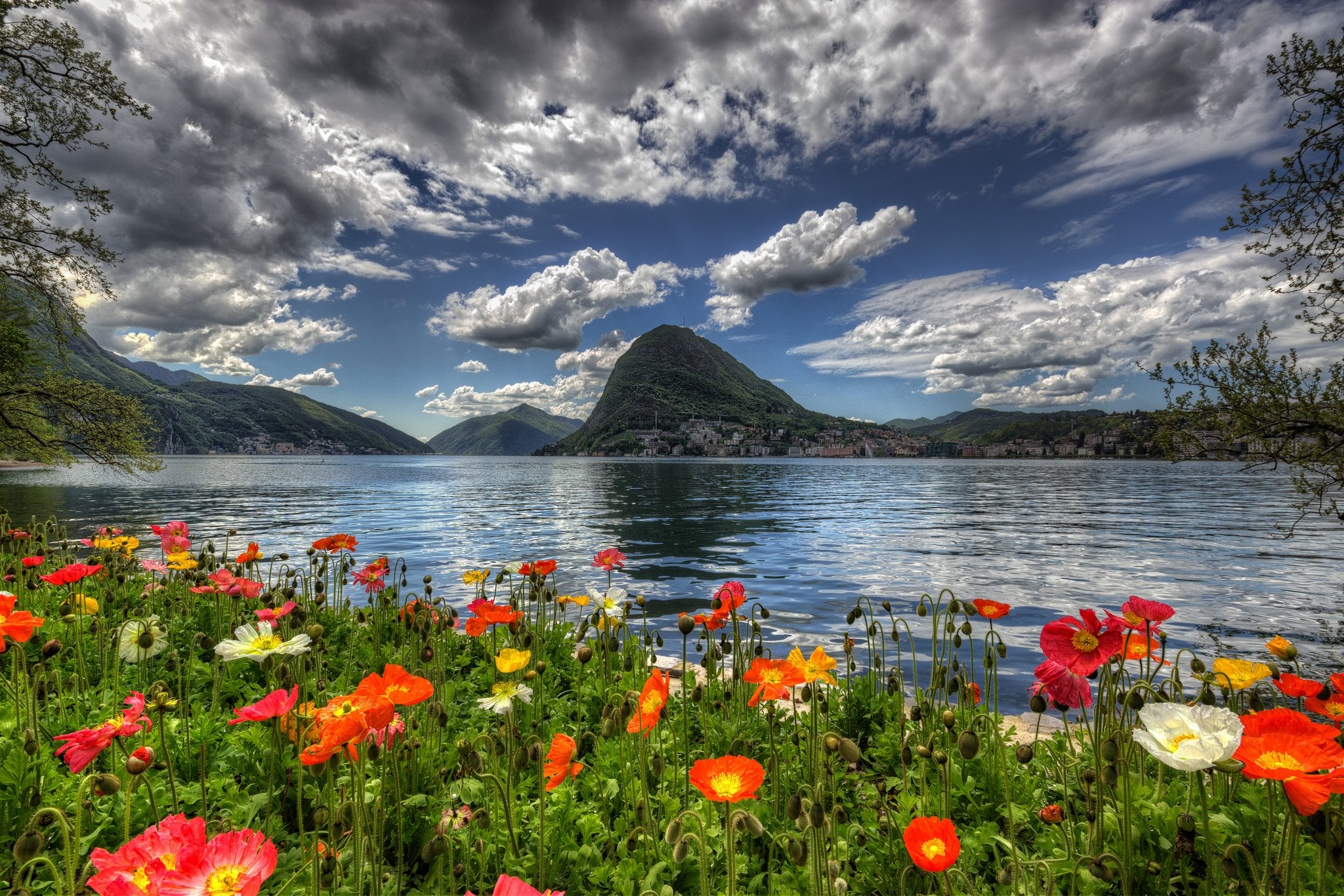 switzerland, Sky, Scenery, Mountains, Poppies, Lake, Clouds, Hdr
