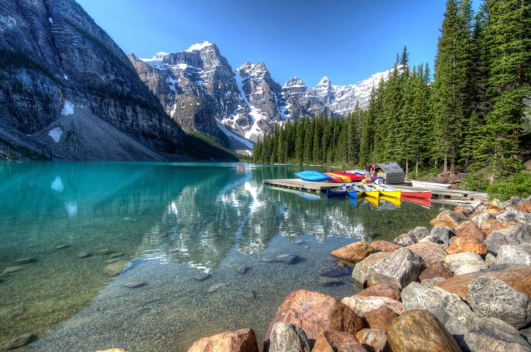 canada, Parks, Mountains, Lake, Stones, Boats, Forests, Scenery, Banff, Moraine, Lake, Nature HD Wallpaper Desktop Background