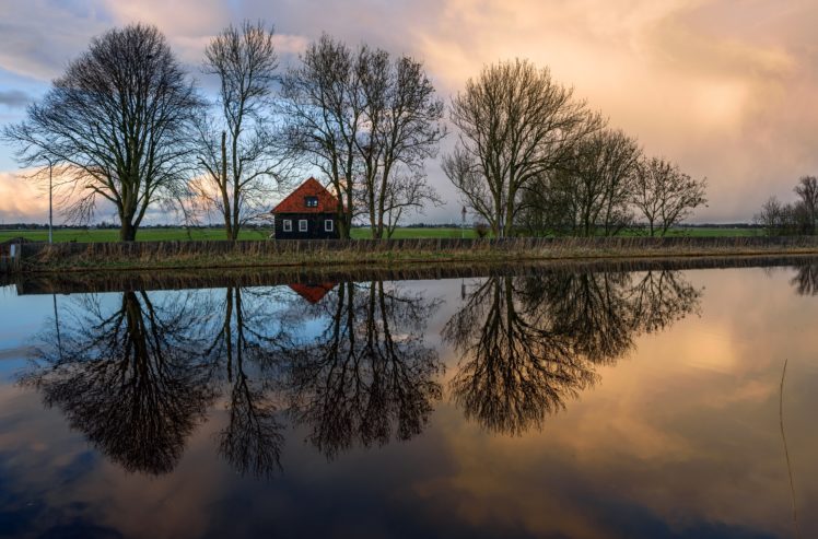 netherlands, Rivers, Evening, Houses, Trees, Oudendijk, Nature HD Wallpaper Desktop Background