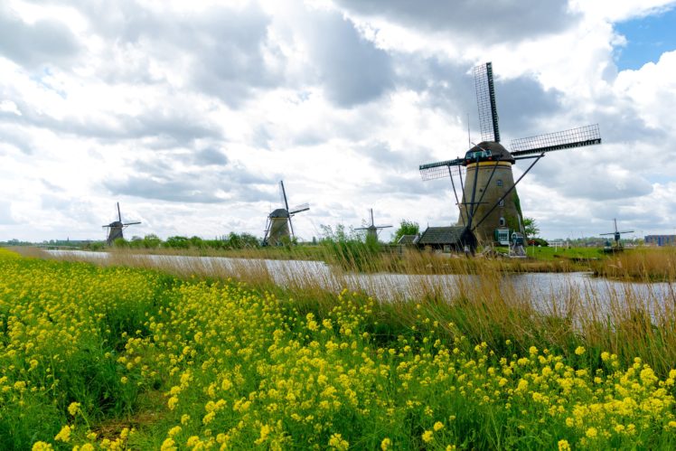 netherlands, Rivers, Mill, Grass, Kinderdijk, Nature HD Wallpaper Desktop Background