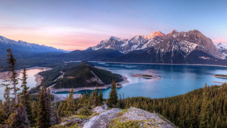 scenery, Canada, Mountains, Lake, Island, Forests, Kananaskis, Lakes, Nature HD Wallpaper Desktop Background