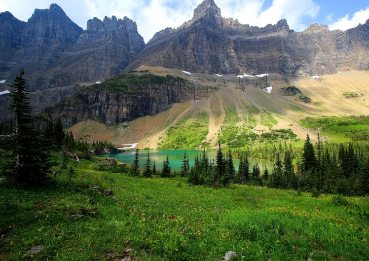 usa, Parks, Mountains, Lake, Scenery, Grass, Fir, Glacier, National, Park, Nature HD Wallpaper Desktop Background