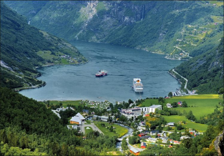 norway, Mountains, Lake, Houses, Ships, Geiranger, Nature HD Wallpaper Desktop Background