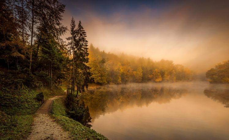croatia, Lake, Forests, Fog, Trail, Trakoscan, Nature HD Wallpaper Desktop Background