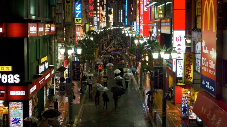 pedestrians, Cities, Umbrellas, Rain, Lights, Japan HD Wallpaper Desktop Background