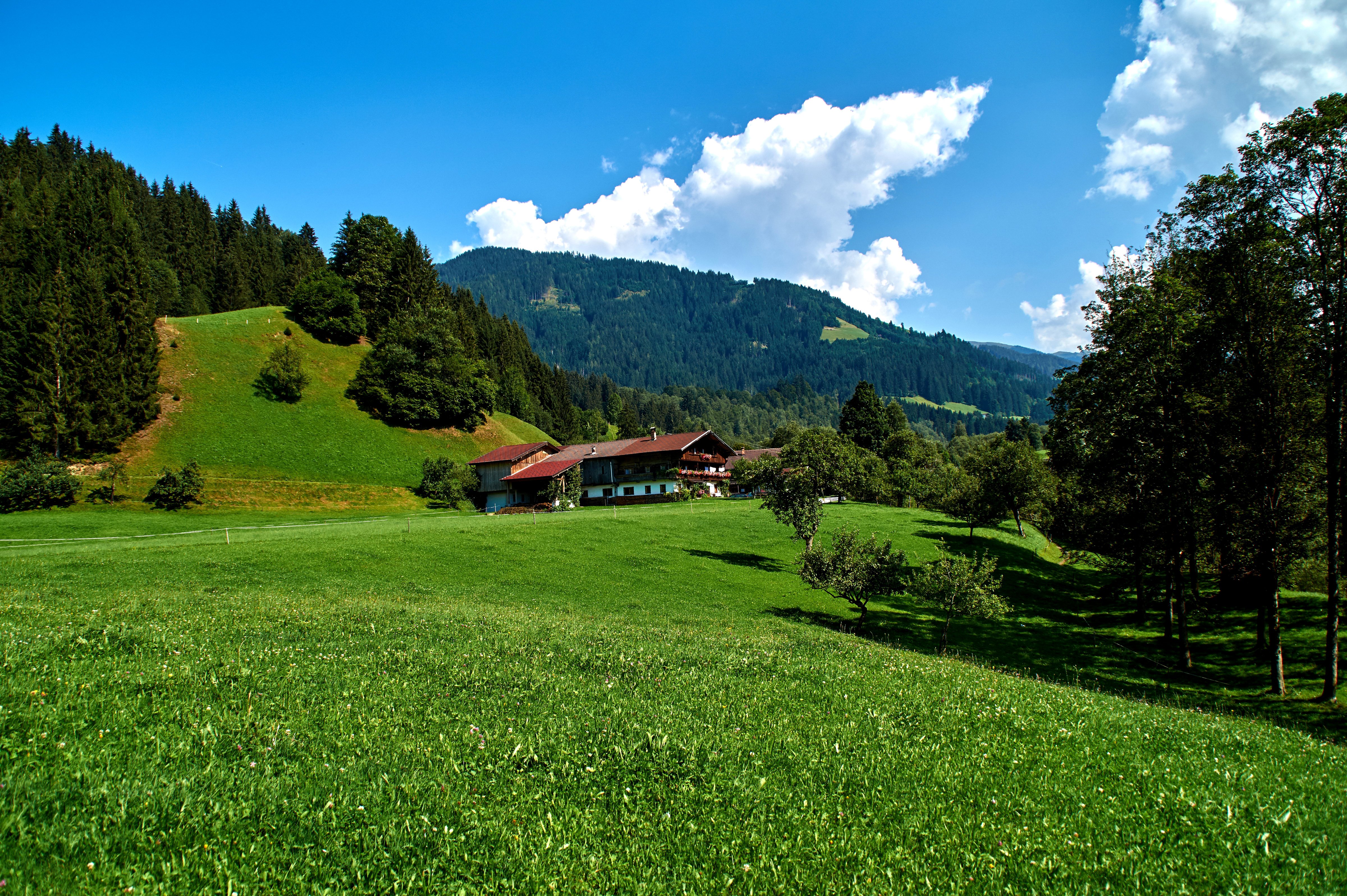 germany, Scenery, Houses, Mountains, Grasslands, Sky, Trees, Obernau, Nature Wallpaper