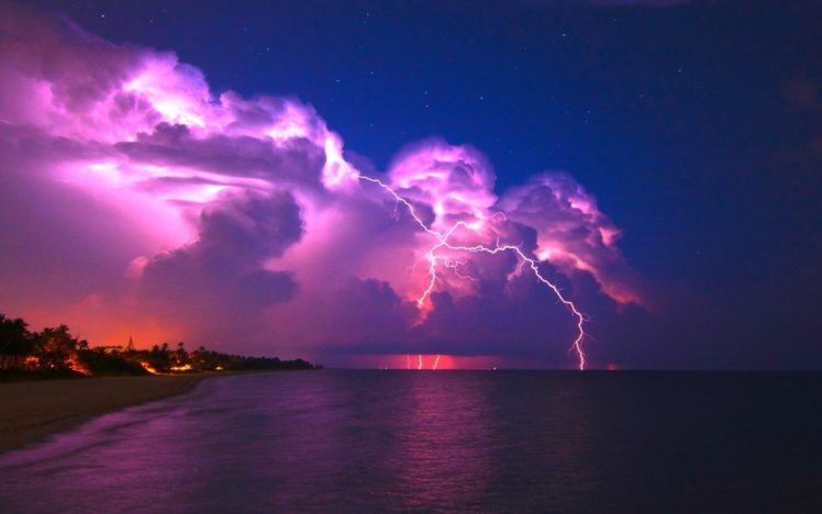 lightning, Storm, Clouds, Sky, Stars, Sea, Beach, Night, The, Forces, Of, Nature, Landscape, Nature HD Wallpaper Desktop Background