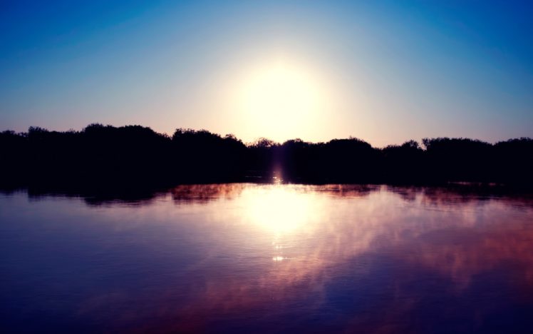 lake, Surface, Shore, Silhouette, Sun, Fog, Dawn HD Wallpaper Desktop Background