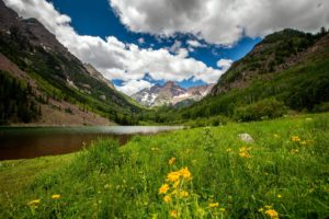 forest, Mountains, Rocks, Trees, Lake, Grass, Flowers, Valley, Clouds