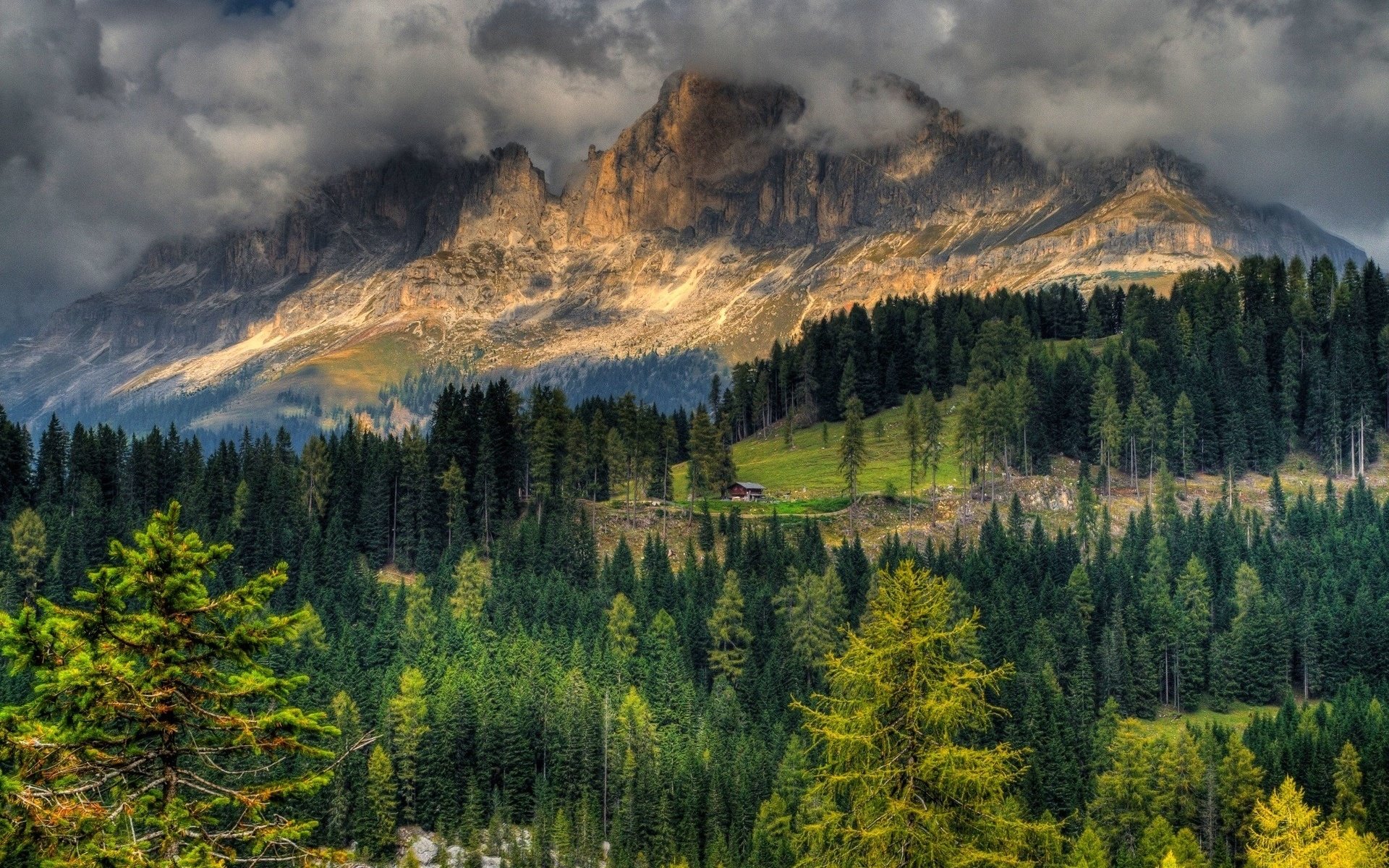 mountains, Rock, House, Forest, Lights, Trees, Clouds, Summer, Nature, Landscap Wallpaper