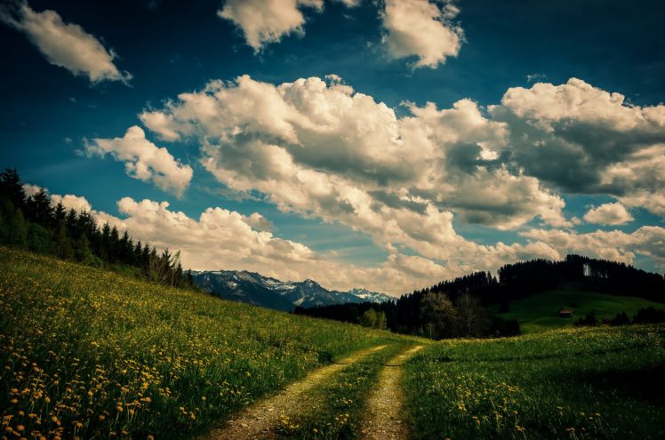 path, Flowers, Grass, Trees, House, Mountains, Clouds, Sky HD Wallpaper Desktop Background