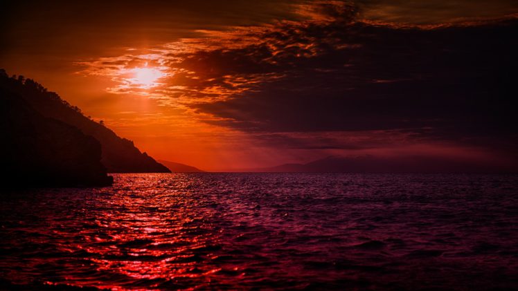 sky, Clouds, Sunset, Mountain, Sea HD Wallpaper Desktop Background