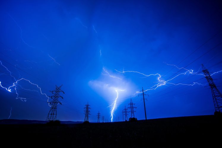 sky, Lightning, Nature, Silhouette, Poles, Voltage HD Wallpaper Desktop Background