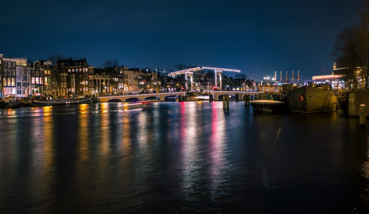 msterdam, Netherlands, Houses, Rivers, Bridges, Marinas, Night, Cities HD Wallpaper Desktop Background