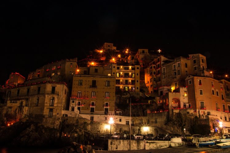 taly, Houses, Night, Street, Lights, Minori, Costiera, Amalfitana, Cities HD Wallpaper Desktop Background