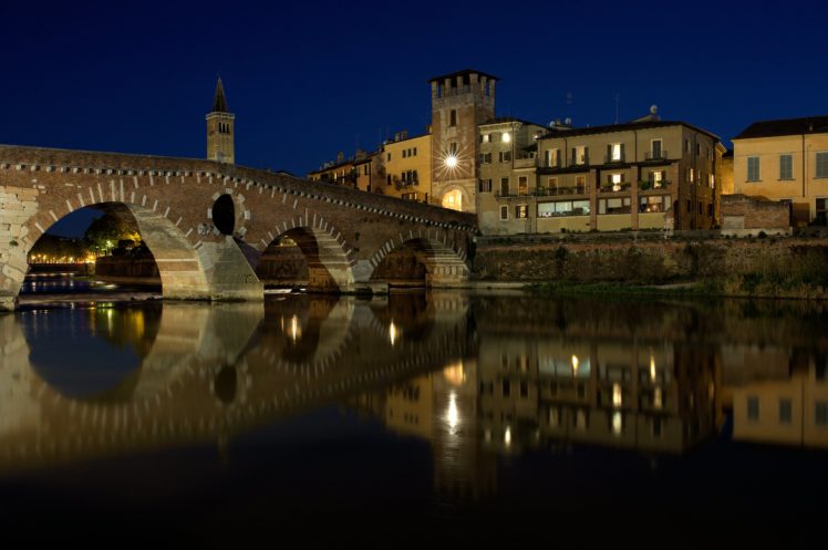 taly, Houses, Rivers, Night, Verona, Cities HD Wallpaper Desktop Background