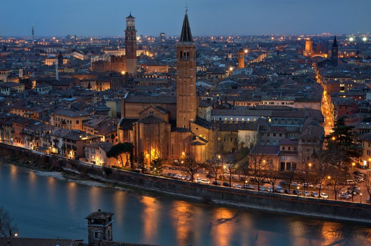 taly, Houses, Rivers, Night, Verona, Cities HD Wallpaper Desktop Background