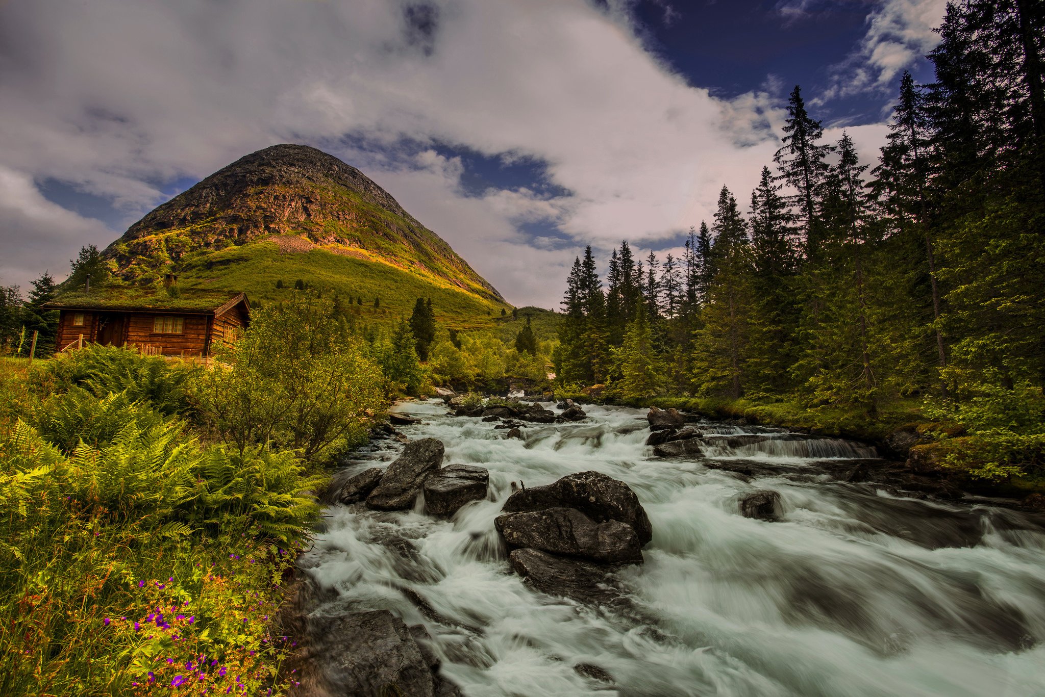 river, Hill, Hut, Trees Wallpaper