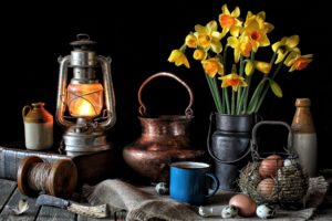 till life, Daffodils, Apples, Easter, Vase, Book, Eggs, Colored, Background, Flowers