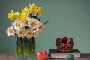 till life, Daffodils, Apples, Easter, Vase, Book, Eggs, Colored, Background, Flowers