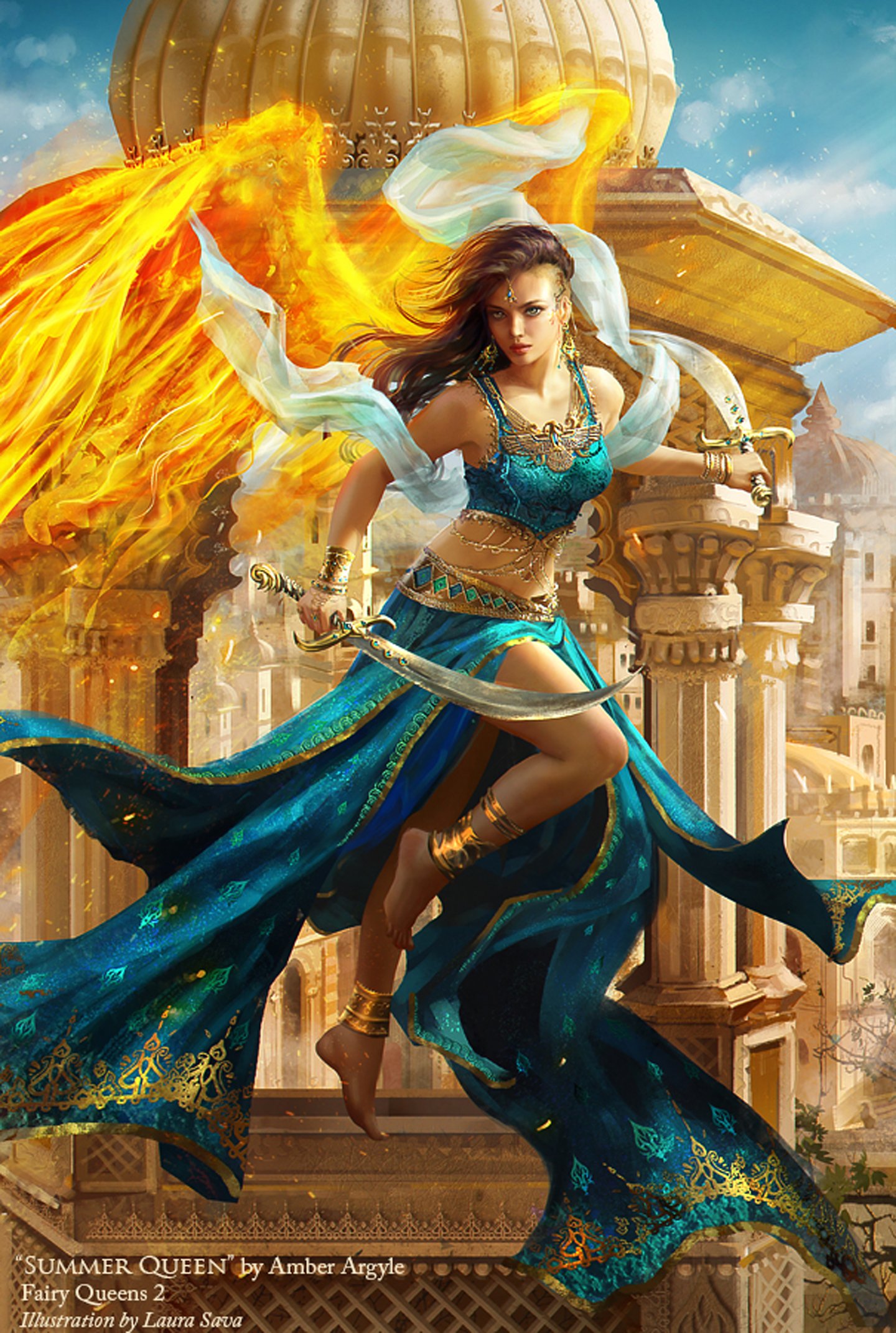 queen, Fantasy, Sword, Girl, Woman, Dress, Fire, City, Beauty, Wings Wallpaper