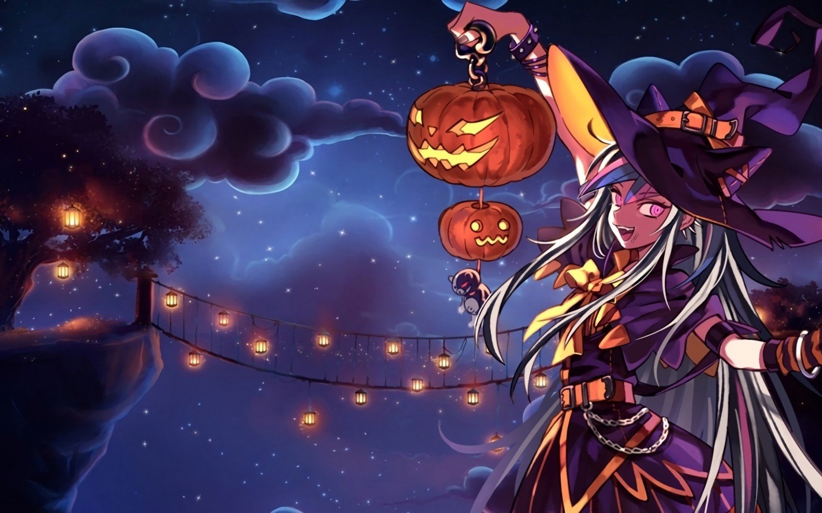 anime, Art, Before, Bridge, Candle, Clouds, Halloween, Hand, Hat, Holding, Holiday, Lantern, Mountain, Night, Pumpkin, Pumpkins, Sky, Smile, Stars, Tree, Wich, Young Wallpaper