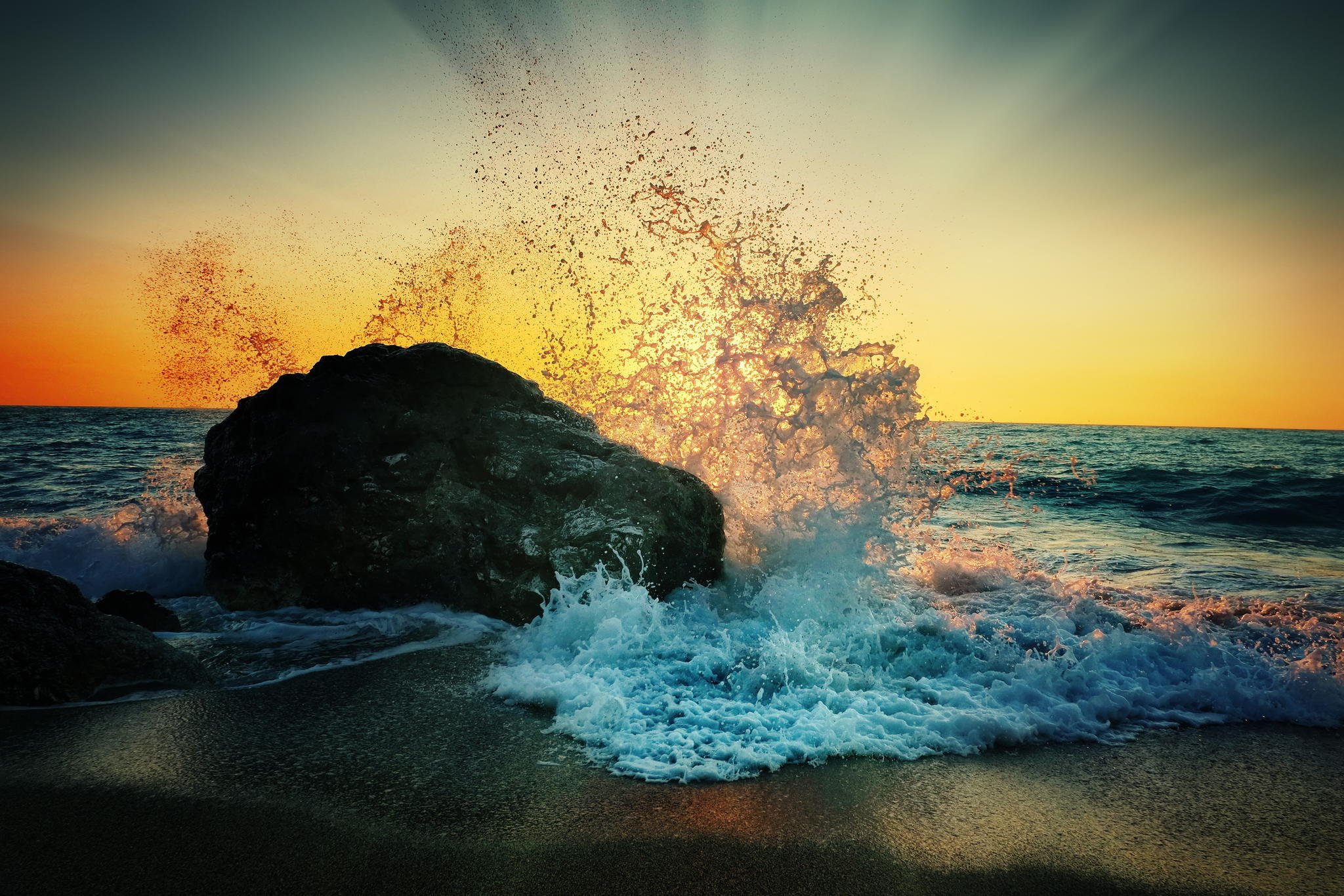 beach, Beach, Stone, Beautiful, Bubbles, Landscape, Rock, Scenery, Sea, Splash, Stone, Sunset, Waves Wallpaper