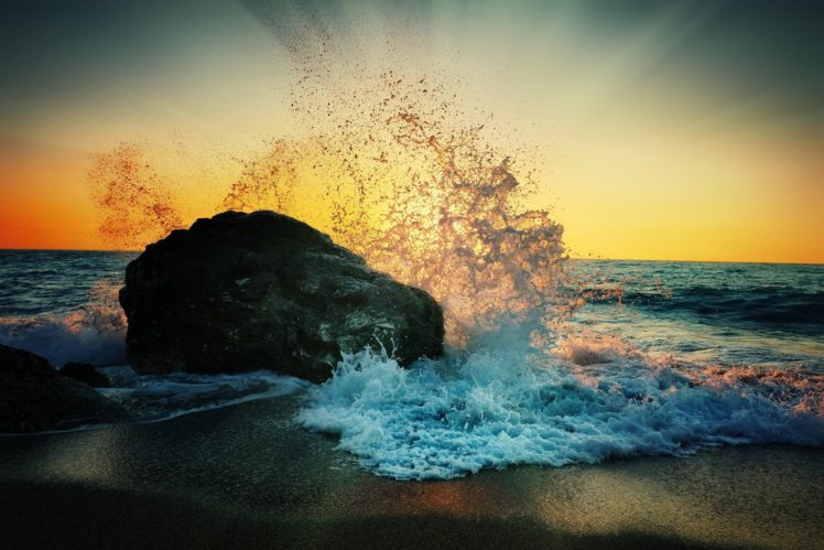 beach, Beach, Stone, Beautiful, Bubbles, Landscape, Rock, Scenery, Sea, Splash, Stone, Sunset, Waves HD Wallpaper Desktop Background