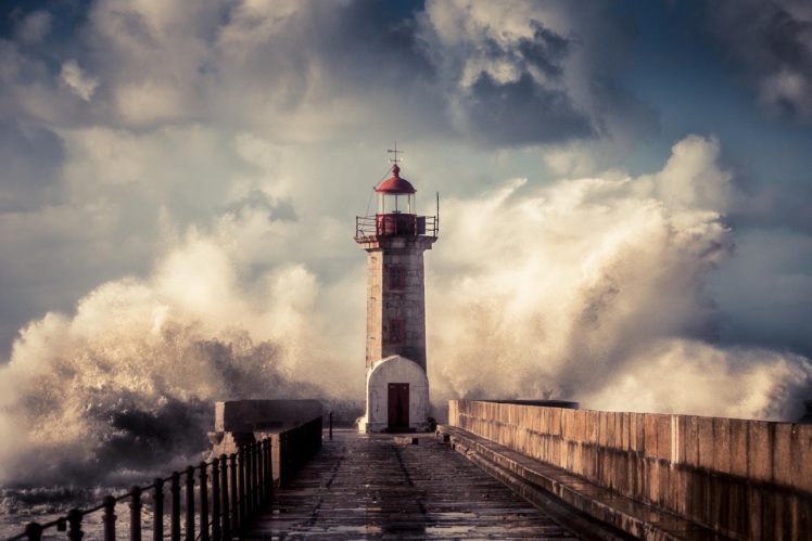 cloud, Lighthouse, Natural, Ocean, Photography, Pier, Sea, Storm, Sunset, Wave, Waves HD Wallpaper Desktop Background