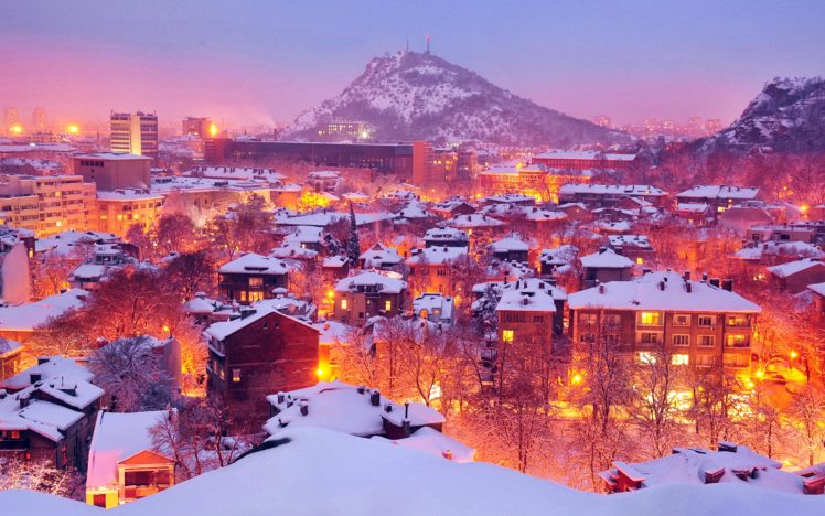 bulgaria, City, City, Lights, Houses, Landsacpe, Mountain, Night, Lights, Orange, Plovdiv, Snow, Snowflakes, Winter HD Wallpaper Desktop Background