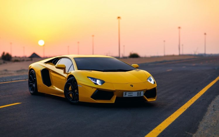 lamborghini, Aventador, Landcacpe, Road, Sunset, Supercar, Yellow HD Wallpaper Desktop Background