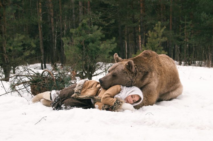 bear, Brown, Bears, Snow, Sleeping, Animals, Girls HD Wallpaper Desktop Background