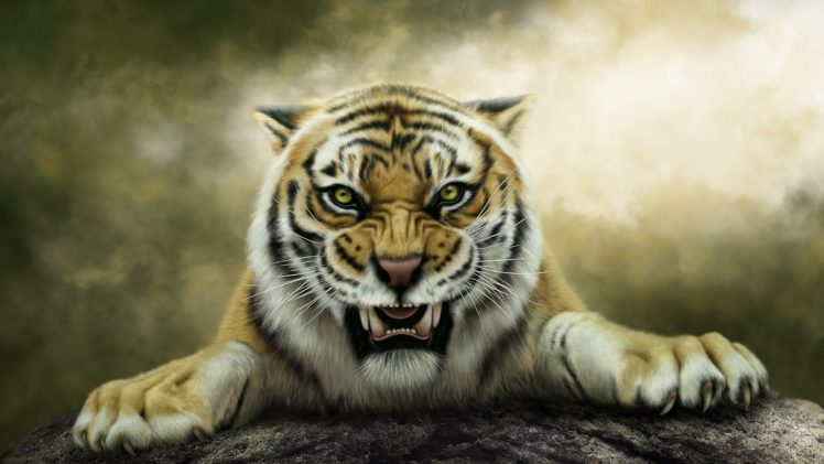 tigers, Painting, Art, Roar, Fantasy, Animals, Wallpapers HD Wallpaper Desktop Background