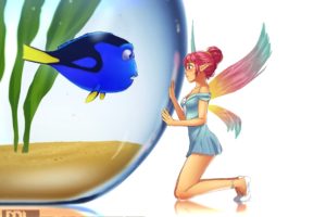 animal, Blush, Dory, Dress, Erylia, Fairy, Finding, Dory, Finding, Nemo, Fish, Original, Pink, Hair, Pointed, Ears, Ponytail, Red, Eyes, Water, Watermark, Wings