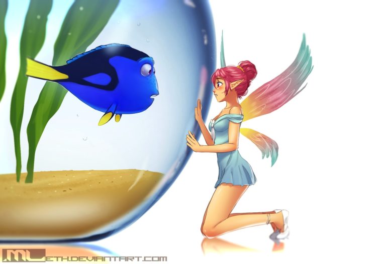 animal, Blush, Dory, Dress, Erylia, Fairy, Finding, Dory, Finding, Nemo, Fish, Original, Pink, Hair, Pointed, Ears, Ponytail, Red, Eyes, Water, Watermark, Wings HD Wallpaper Desktop Background