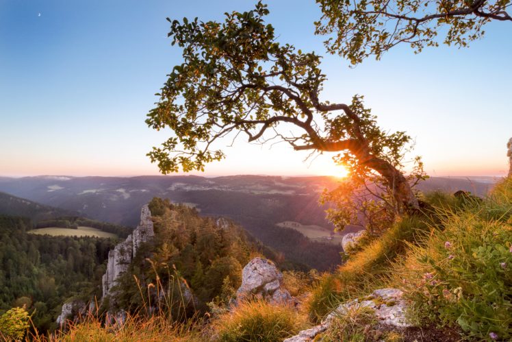 switzerland, Sunset, Mountains, Rocks, Trees HD Wallpaper Desktop Background
