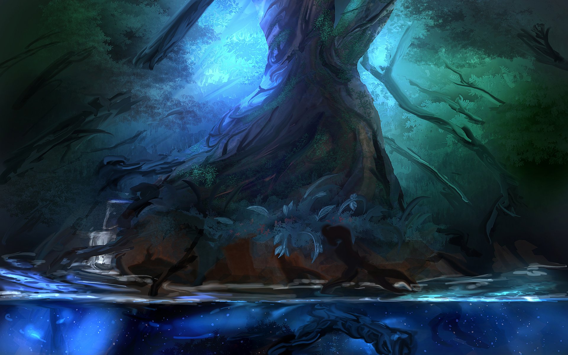 tree, Forest, Pond, Drawing, Fantasy Wallpaper
