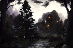 house, Trees, Drawing, Forest, Digital, Artwork