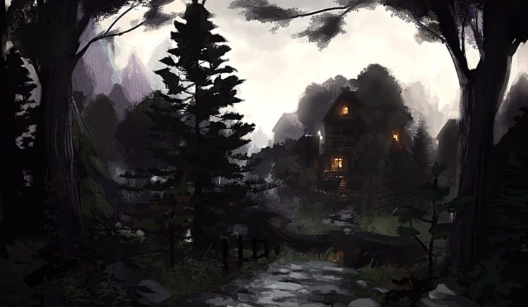 house, Trees, Drawing, Forest, Digital, Artwork HD Wallpaper Desktop Background