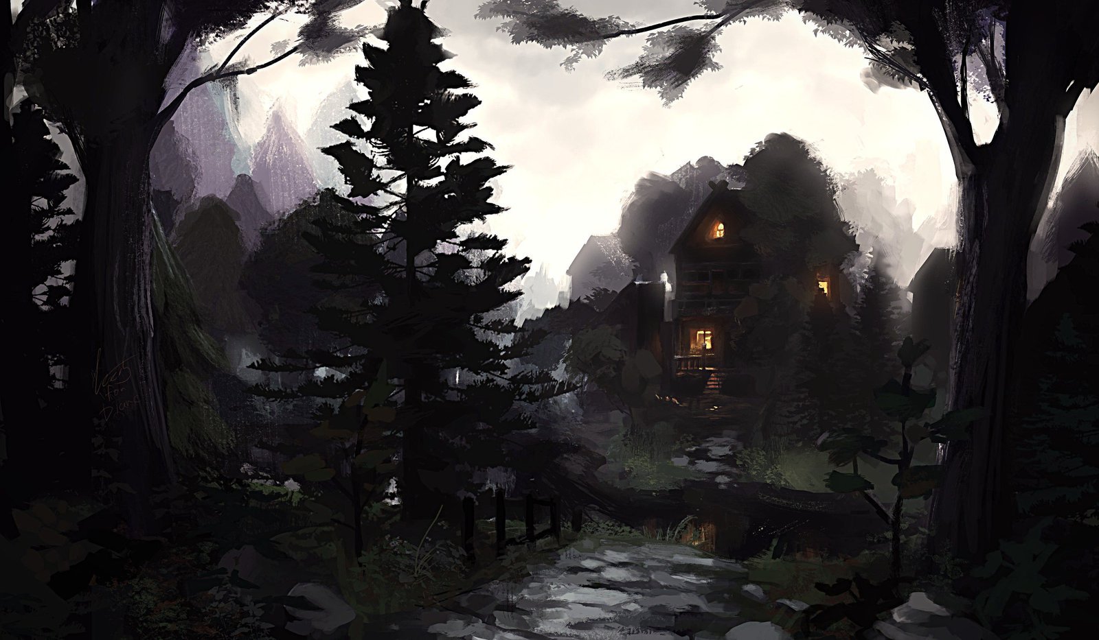 house, Trees, Drawing, Forest, Digital, Artwork Wallpaper