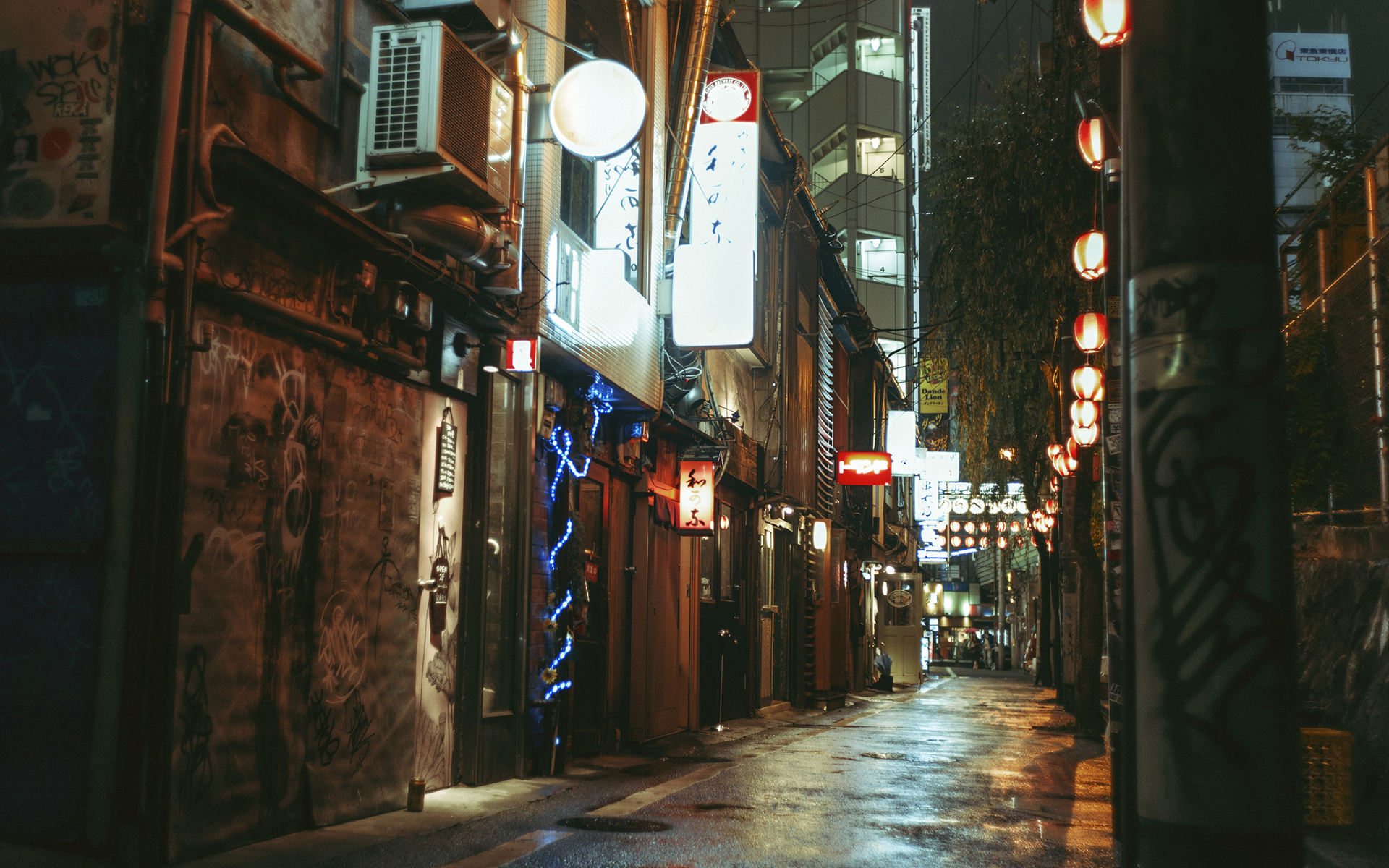 buildings, Alley, Light, Night Wallpaper