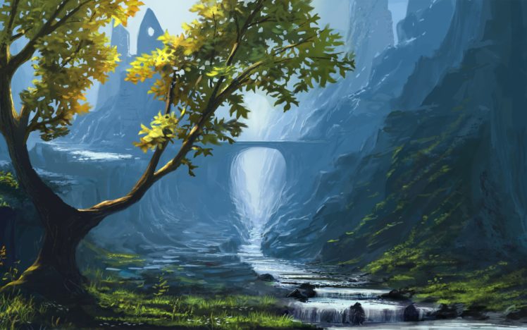 rocks, Trees, Rocks, Bridge, Nature, Ruins, Art, River HD Wallpaper Desktop Background