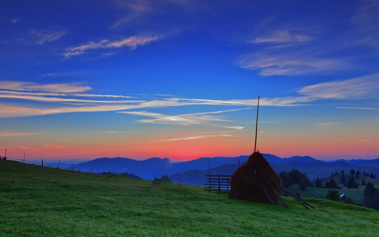 sunset, Field, Sky, Stack, Landscape HD Wallpaper Desktop Background